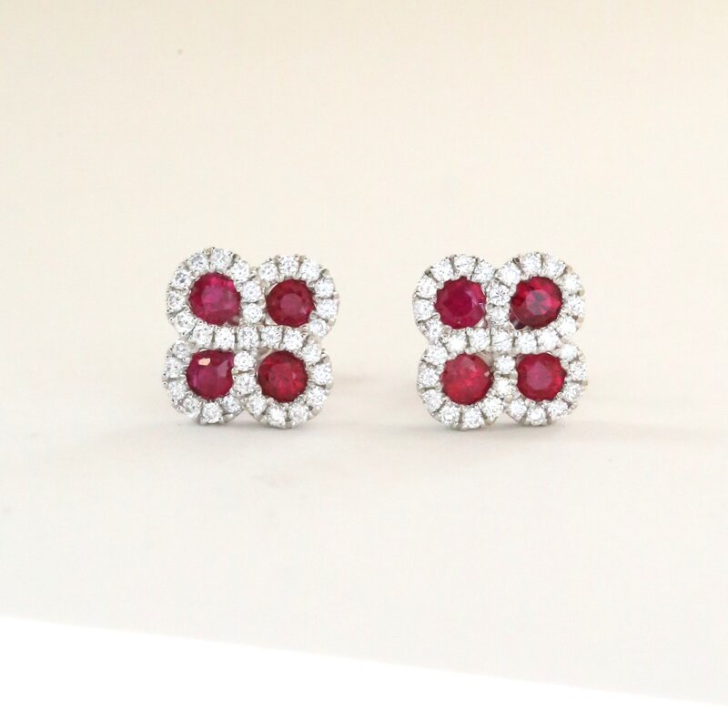 American Jewelry 14k White Gold .60ctw Ruby .26ctw Diamond Clover Stud Earrings