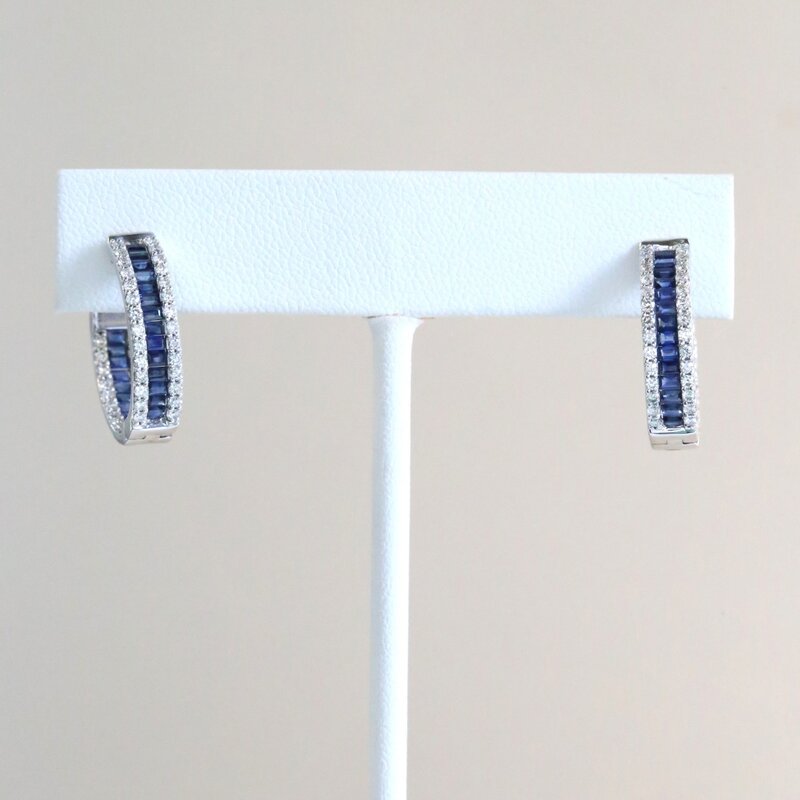 American Jewelry 14k White Gold 1.86ctw Sapphire .85ctw Diamond Baguette Inside Out Hoop Earrings