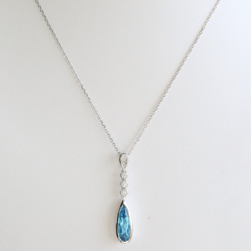 American Jewelry 14k White Gold 1.21ct Blue Topaz .08ctw Diamond Accent Pear Necklace