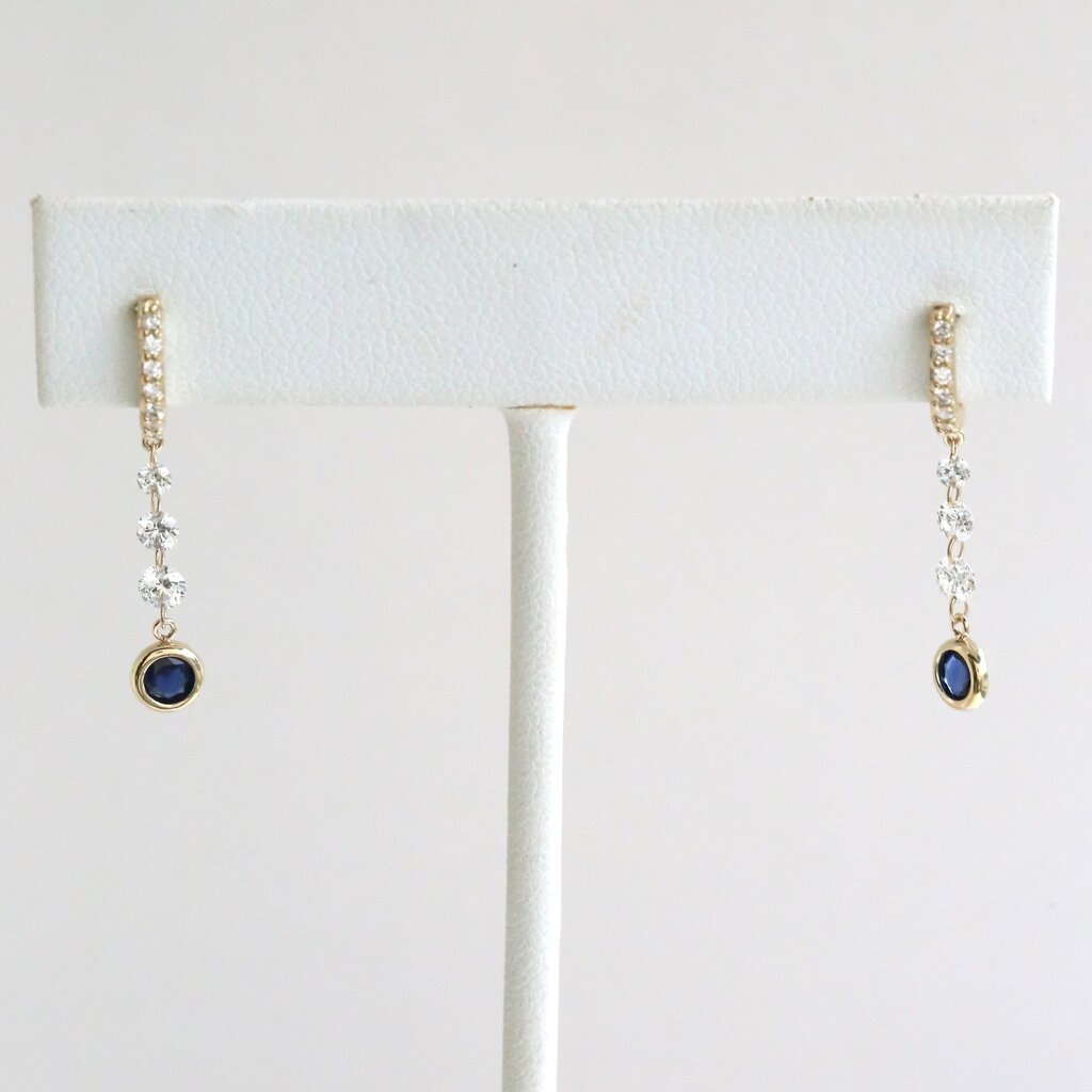 American Jewelry 14k Yellow Gold .61ctw Diamond Sapphire Dancing Diamond Bezel Dangle Earrings