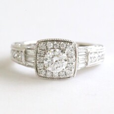 American Jewelry 14k White Gold 1ctw Lab Grown Milgrain Halo Round & Bagutte Engagement Ring