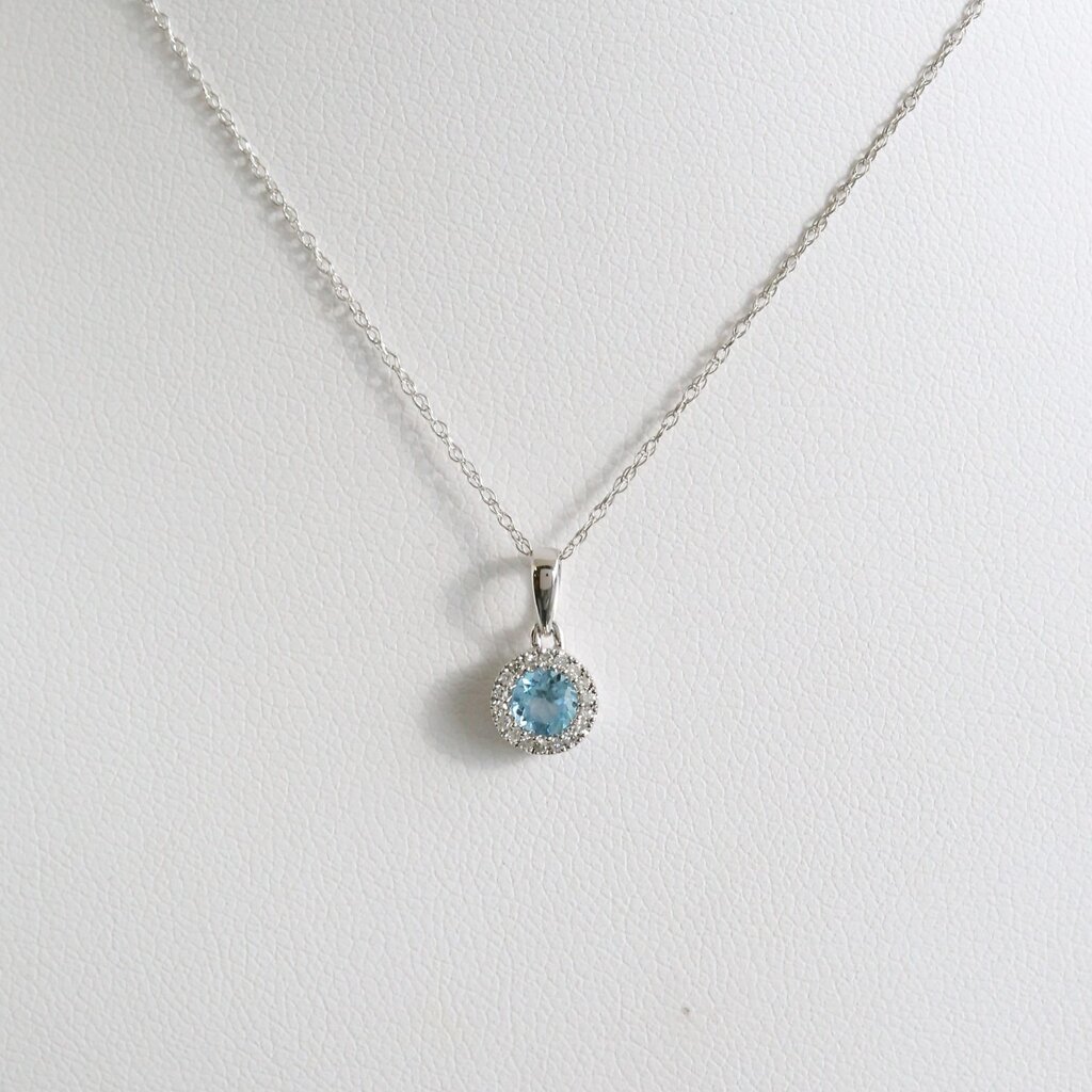 American Jewelry 10k White Gold Swiss Blue Topaz & Diamond Halo Petite Necklace
