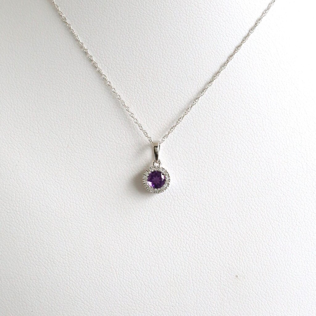 American Jewelry 10k White Gold Amethyst & Diamond Halo Petite Necklace