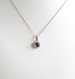 American Jewelry 10k White Gold Amethyst & Diamond Halo Petite Necklace