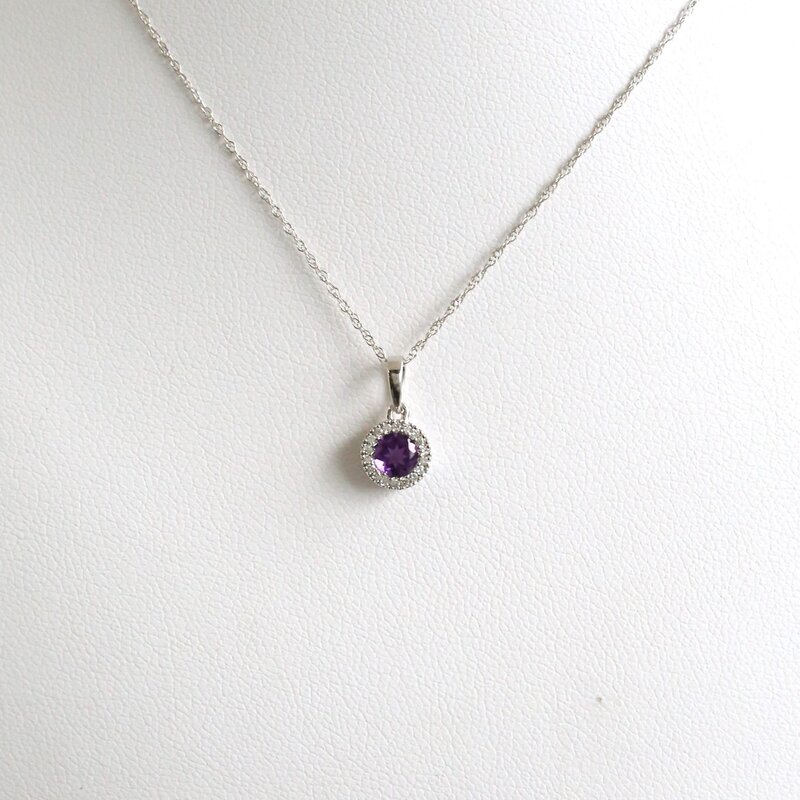 American Jewelry 10k White Gold Amethyst & Diamond Halo Petite Necklace
