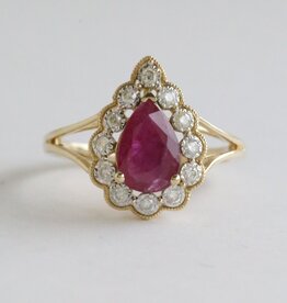 American Jewelry 14k Yellow Gold 1.42ct Ruby .18ctw Diamond Pear Halo Split Ring
