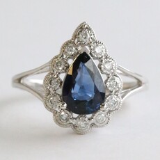 American Jewelry 14k White Gold 1.85ct Sapphire .18ctw Diamond Pear Halo Ring