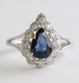 American Jewelry 14k White Gold 1.85ct Sapphire .18ctw Diamond Pear Halo Ring