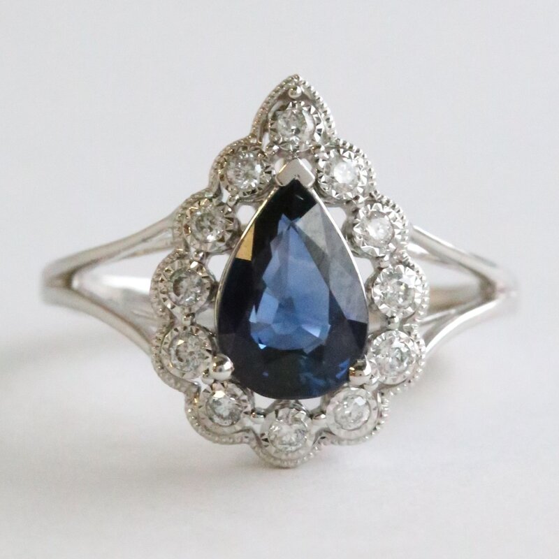 American Jewelry 14k White Gold 1.85ct Sapphire .18ctw Diamond Pear Halo Ring