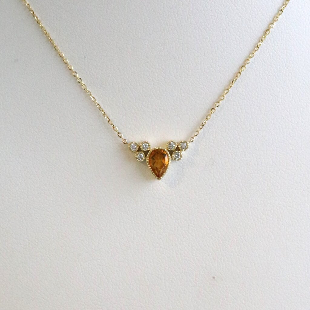 American Jewelry 14k Yellow Gold Citrine .07ctw Diamond Accent Milgrain Pear Necklace