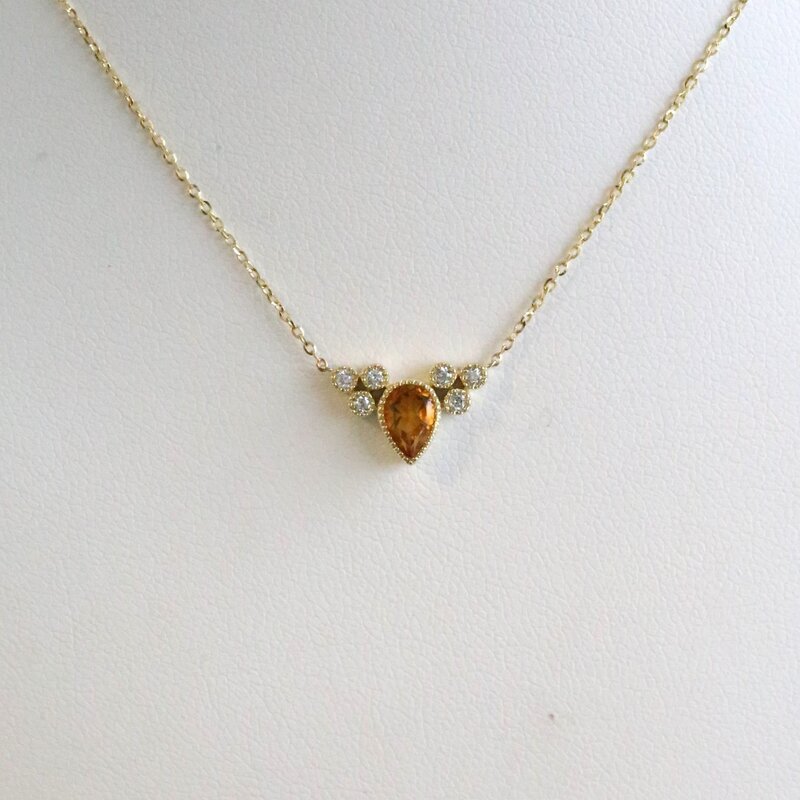 American Jewelry 14k Yellow Gold Citrine .07ctw Diamond Accent Milgrain Pear Necklace