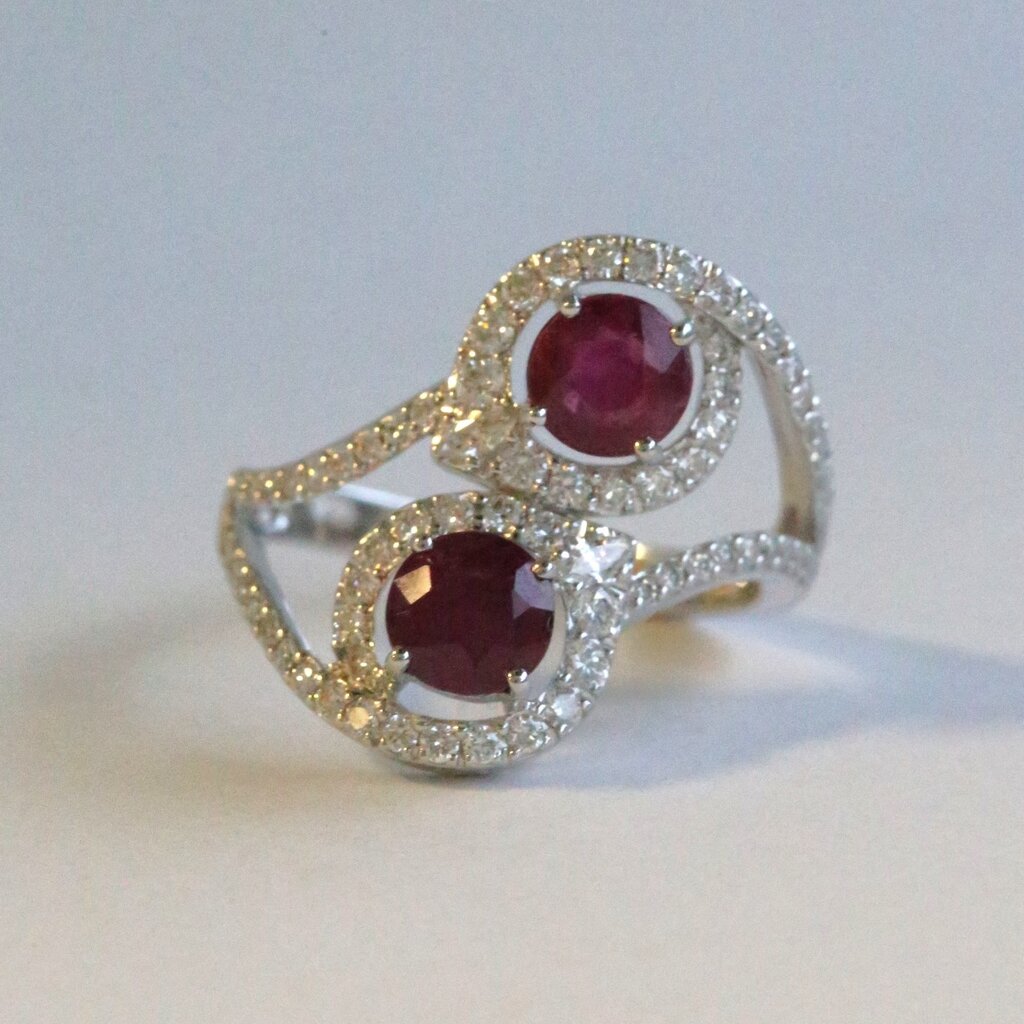 American Jewelry 18k White Gold 2.15ctw Ruby .57ctw Diamond Double Bypass Halo Ring