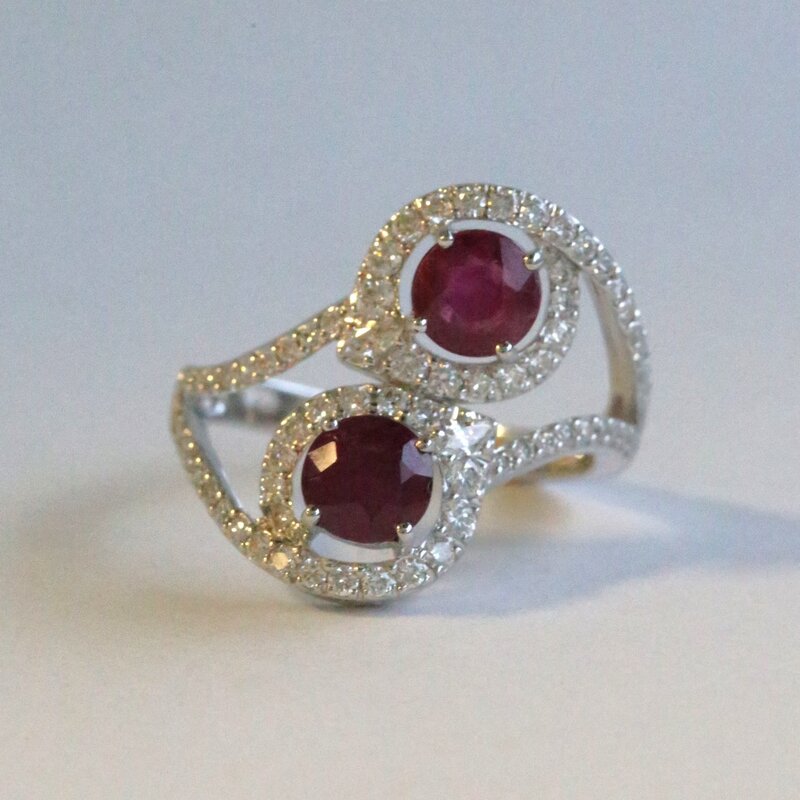 American Jewelry 18k White Gold 2.15ctw Ruby .57ctw Diamond Double Bypass Halo Ring