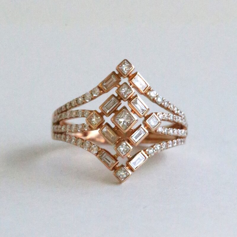 American Jewelry 18k Rose Gold .82ctw Diamond Baguette & Round Open Design Ring