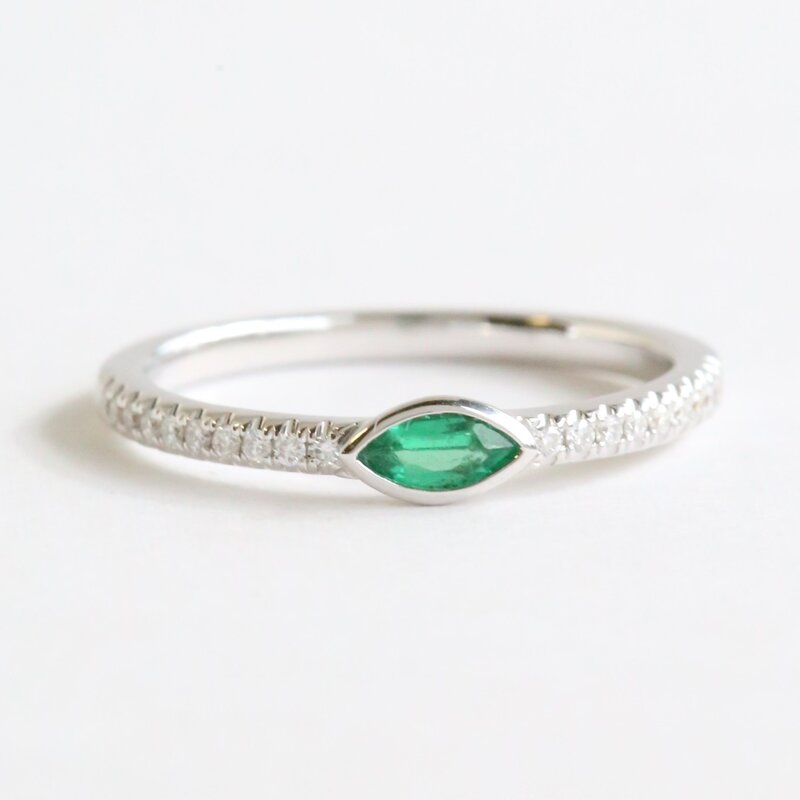 American Jewelry 18k White Gold .11ct Emerald .10ctw Diamond East to West Single Marquise Ring
