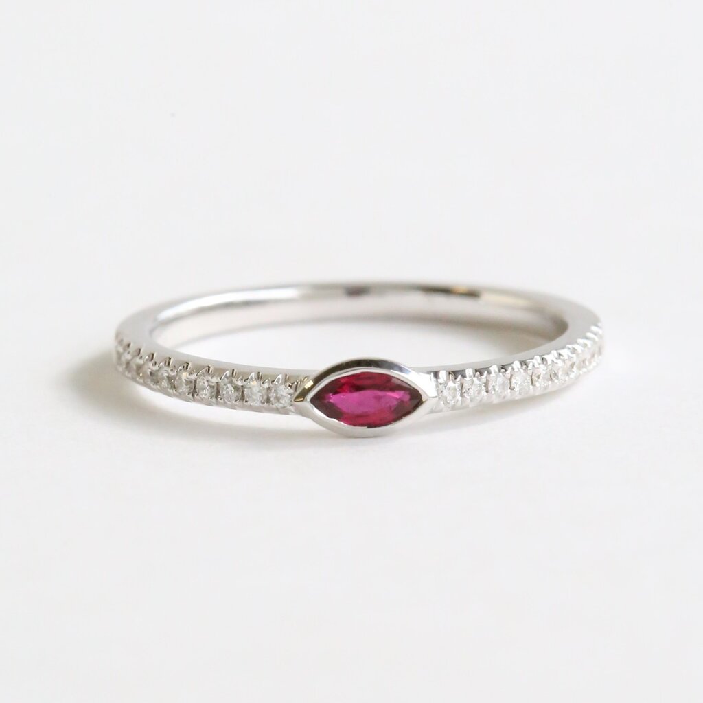 14k White Gold .15ct Single Ruby .10ctw Diamond East to West Single Marquise Ring