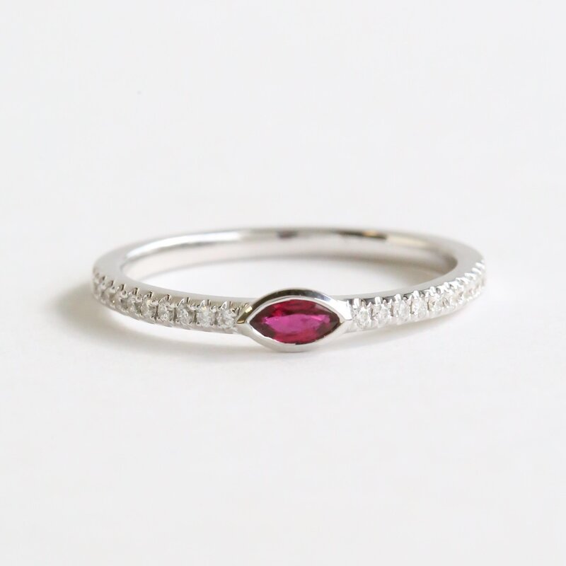 14k White Gold .15ct Single Ruby .10ctw Diamond East to West Single Marquise Ring