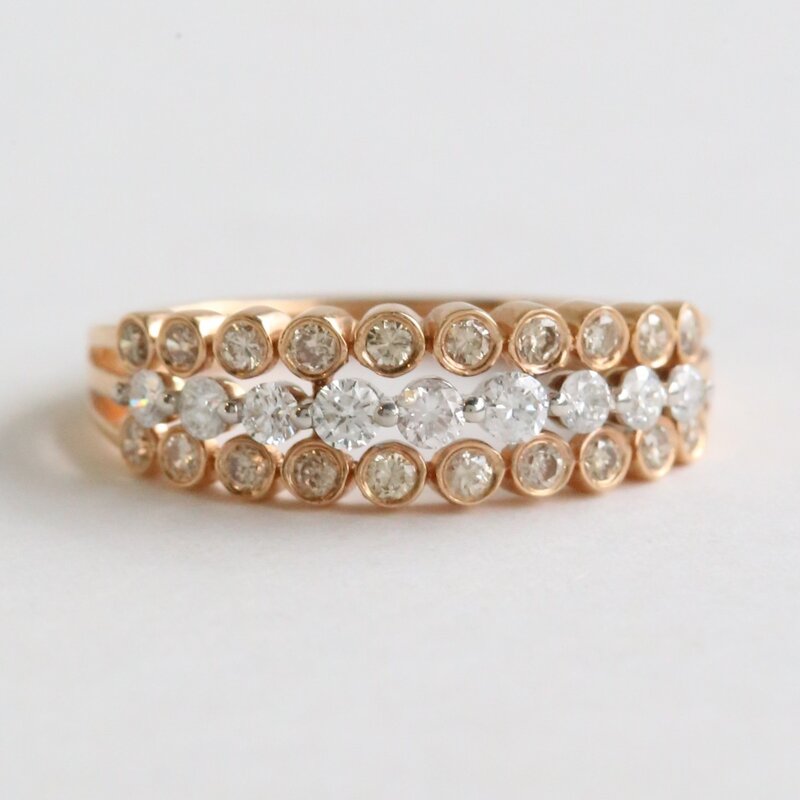 American Jewelry 18k Rose Gold .55ctw Diamond Shared Prong and Bezel Triple Band Ring