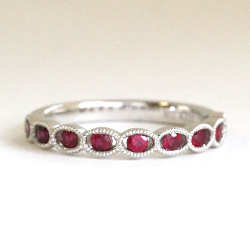 American Jewelry 18k White Gold .42ctw Ruby Oval Milgrain Stackable Band