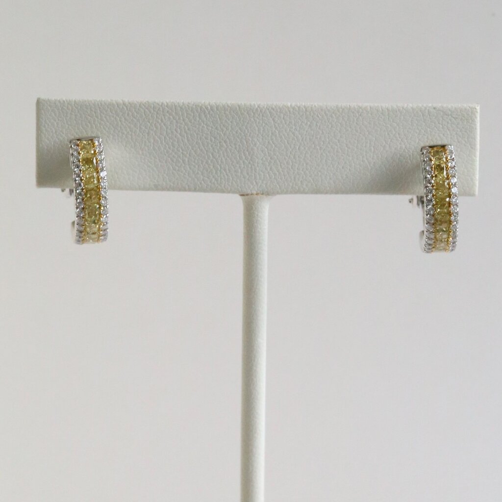 American Jewelry 18k White Gold 1.89ctw Fancy Yellow Diamond .64ctw Diamond Hinged Back Hoop Earrings