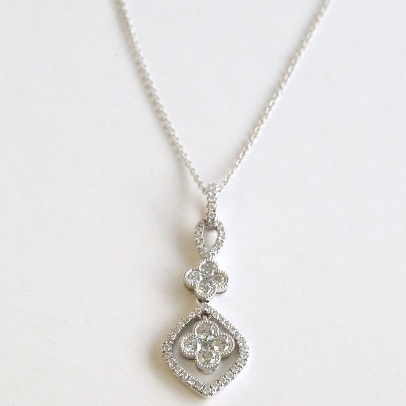 American Jewelry 18k White Gold .77ctw DIamond Open Marquise Clover Milgrain Necklace