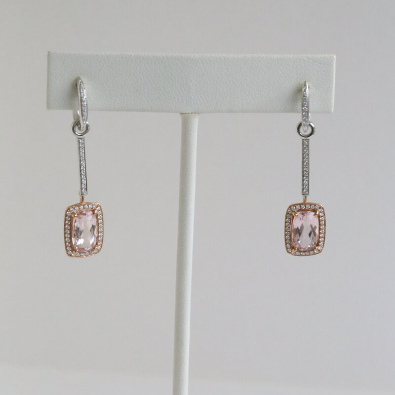American Jewelry 18k White & Rose Gold 3.73ctw Morganite .44ctw Diamond Elongated Cushion Halo Dangle Earrings