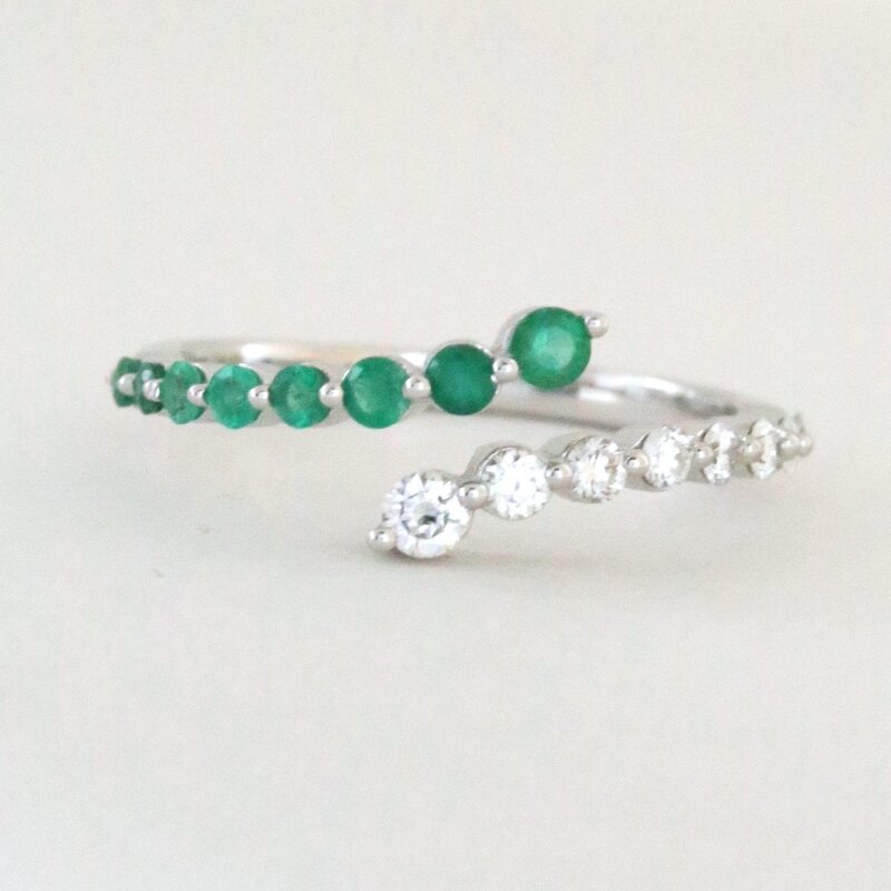 American Jewelry 14k White Gold .29ctw Emerald .27ctw Diamond Bypass Ring