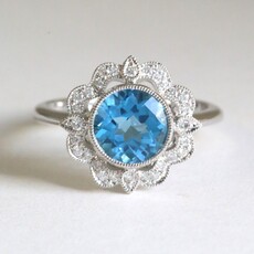 American Jewelry 14k White Gold 2.57ct Blue Topaz .18ctw Diamond Halo Round Fashion Ring