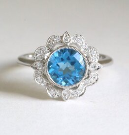 American Jewelry 14k White Gold 2.57ct Blue Topaz .18ctw Diamond Halo Round Fashion Ring
