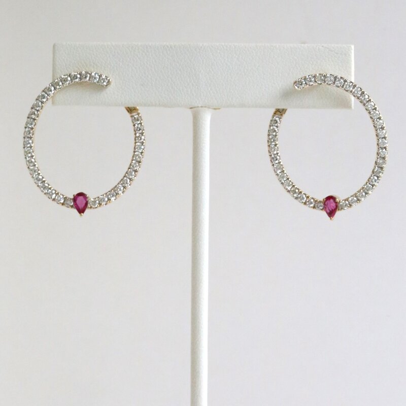 American Jewelry 14k Yellow Gold 1.70ctw Diamond .34ctw Ruby Front Facing Hoop Earrings