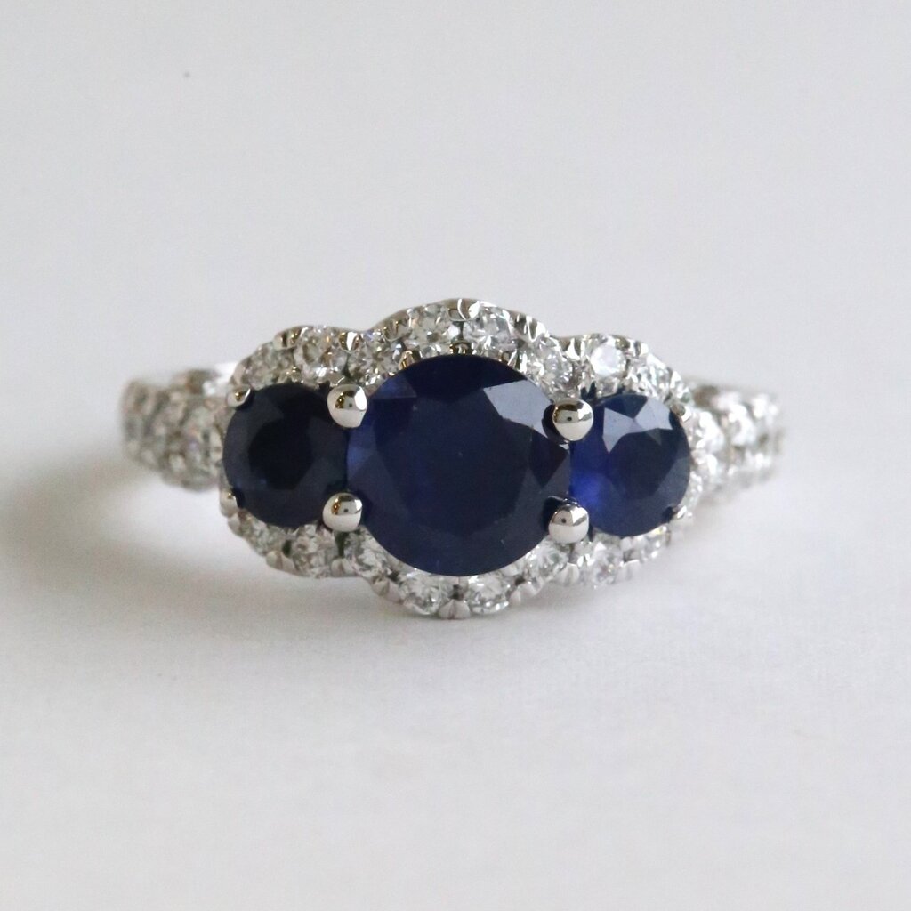 American Jewelry 14k White Gold .90ctw Diamond 2.42ctw Sapphire Three Stone Halo Ring