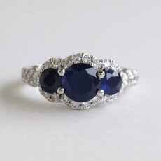 American Jewelry 14k White Gold .90ctw Diamond 2.42ctw Sapphire Three Stone Halo Ring