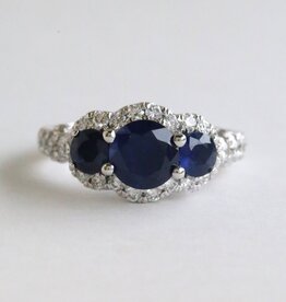 American Jewelry 14k White Gold .90ctw Diamond 2.42ctw Sapphire Three Stone Halo Ring