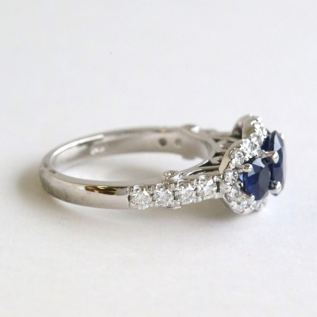 American Jewelry 14k White Gold .90ctw Diamond 2.42ctw Sapphire Three Stone Halo Ring