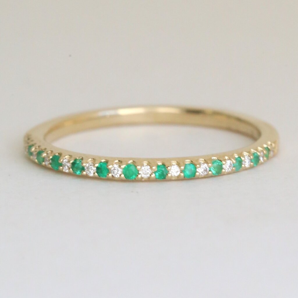 American Jewelry 14k Yellow Gold .10ctw Emerald .05ctw Diamond Straight Stackable Band