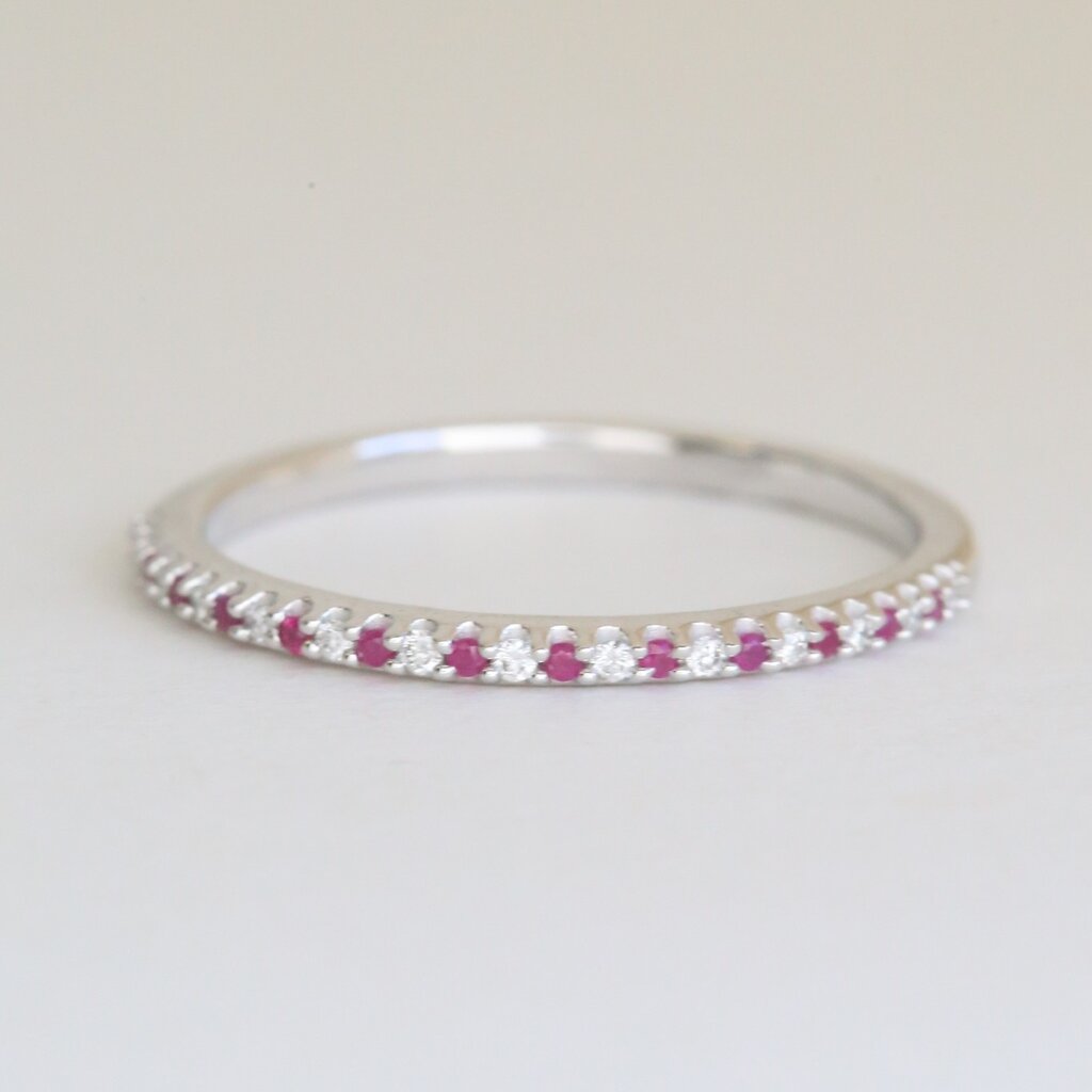 American Jewelry 14k White Gold .10ctw Ruby .05ctw Diamond Straight Stackable Band