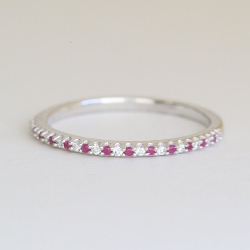 American Jewelry 14k White Gold .10ctw Ruby .05ctw Diamond Straight Stackable Band