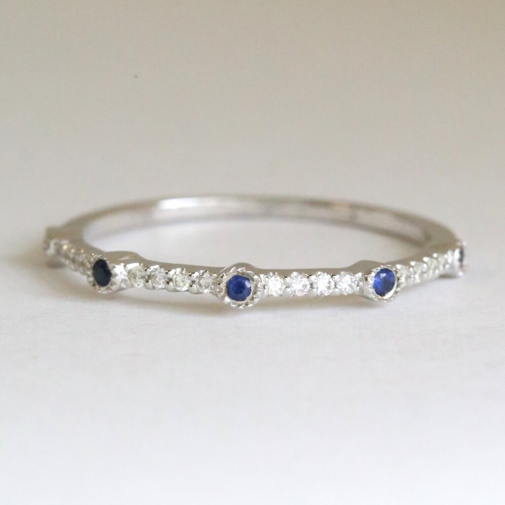 American Jewelry 14k White Gold .06ctw Sapphire .09ctw Diamond Milgrain Bezel Band
