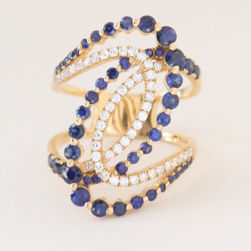 American Jewelry 14k Yellow Gold 1.72ctw Sapphire .41ctw Diamond Open Swirl Ring