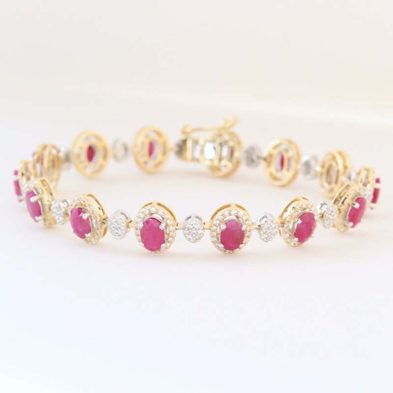 American Jewelry 14k Yellow Gold 8.4ctw Ruby 2.26ctw Diamond Oval Halos Brcelet