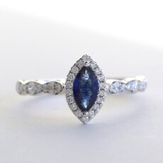 American Jewelry 14k White Gold .43ctw Sapphire .31ctw Diamond Marquise Scalloped Halo Ring