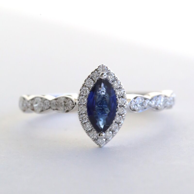 American Jewelry 14k White Gold .43ctw Sapphire .31ctw Diamond Marquise Scalloped Halo Ring