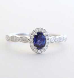 American Jewelry 14k White Gold .30ctw Diamond .66ct Sapphire Oval Halo Scalloped Design Ring