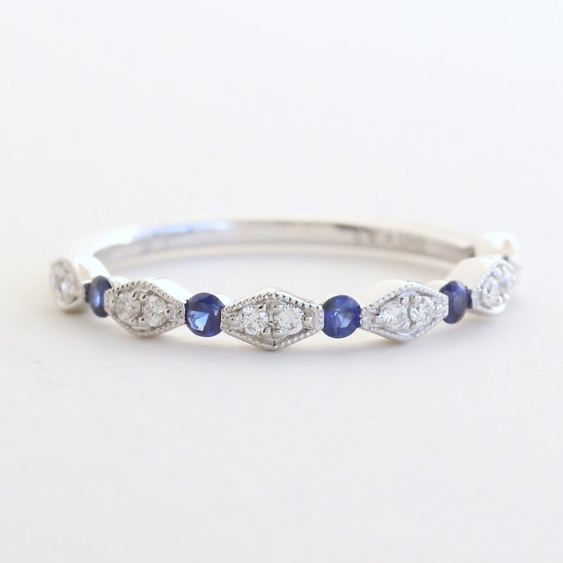 American Jewelry 14k White Gold .12ctw Diamond .18ctw Sapphire Scalloped Milgrain Band