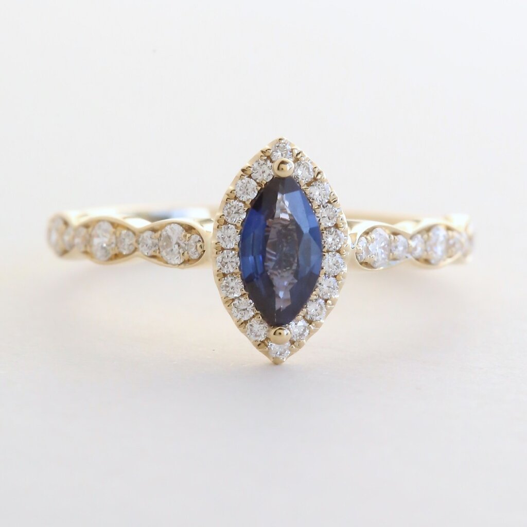 American Jewelry 14k Yellow Gold .31ctw Diamond .43ct Sapphire Scalloped Marquise Halo Ring
