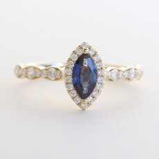 American Jewelry 14k Yellow Gold .31ctw Diamond .43ct Sapphire Scalloped Marquise Halo Ring