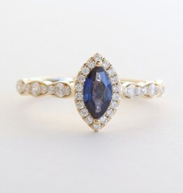 American Jewelry 14k Yellow Gold .31ctw Diamond .43ct Sapphire Scalloped Marquise Halo Ring