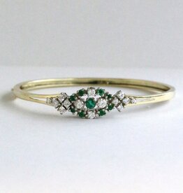 American Jewelry ESTATE 14k Yellow Gold 1ctw Diamond & Emerald Hinged Bangle BRacelet