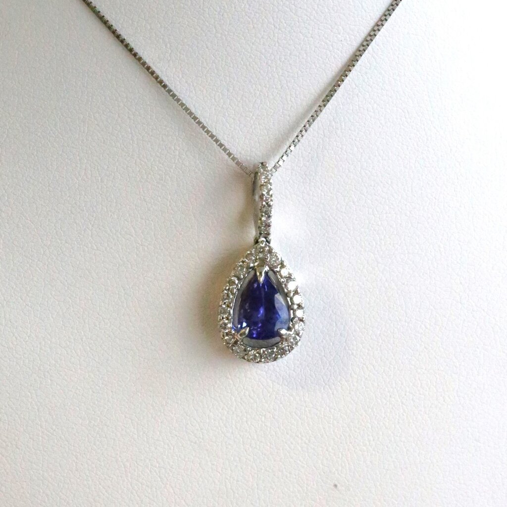 American Jewelry 14k White Gold 3ctw Tanzanite .50ctw Diamond Pear Halo Necklace