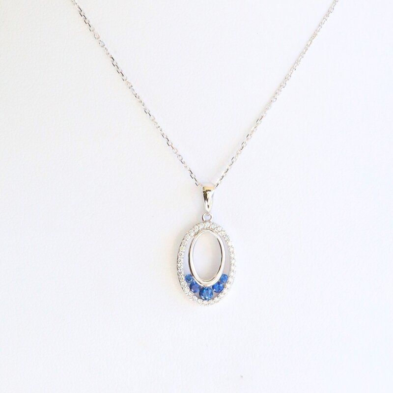 American Jewelry 14k White Gold .13ctw Diamond .19ctw Sapphire Open Oval Necklace
